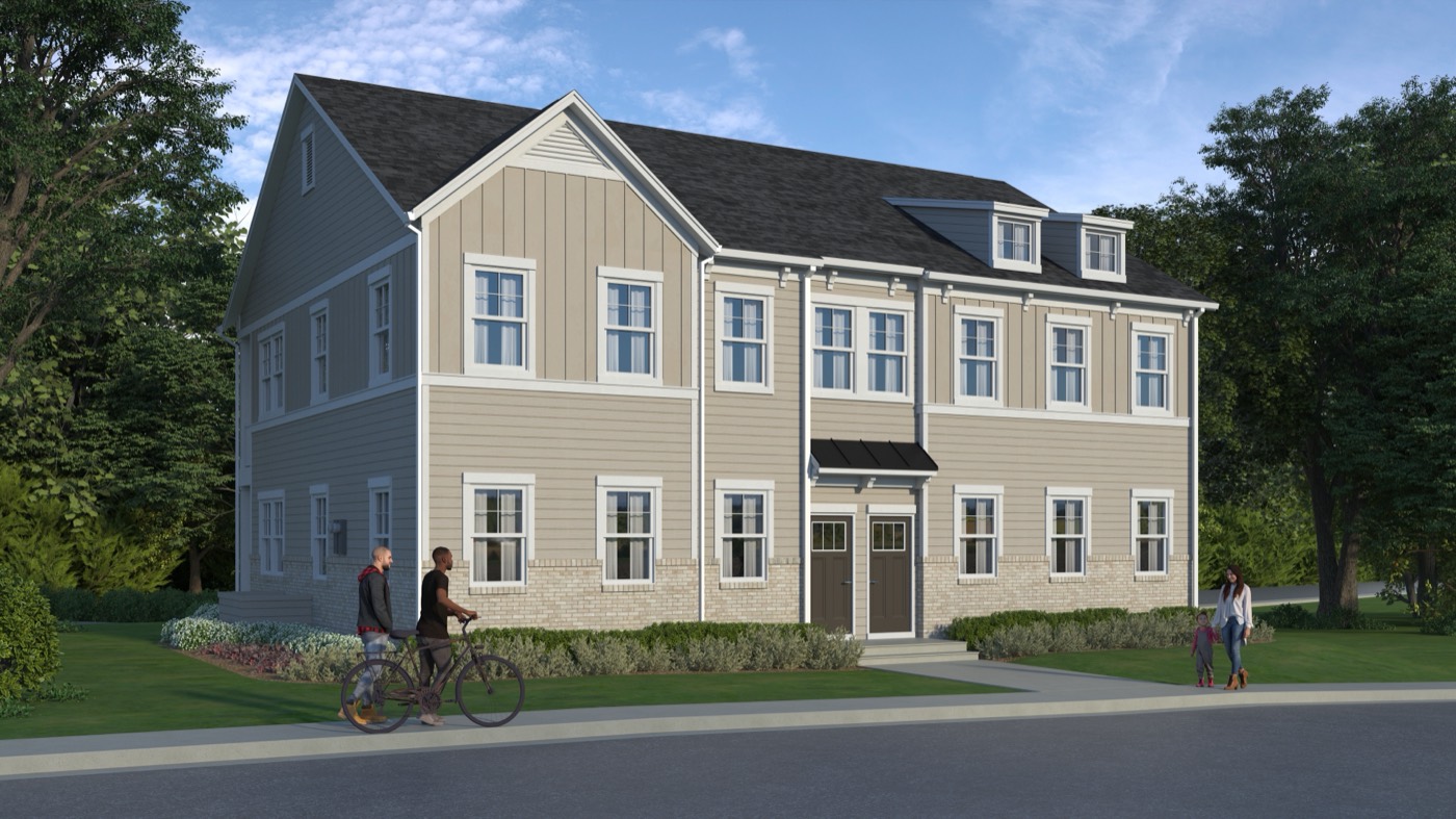 Architectural rendering of a Davidson Walk quadplex building with gray siding and stone accents