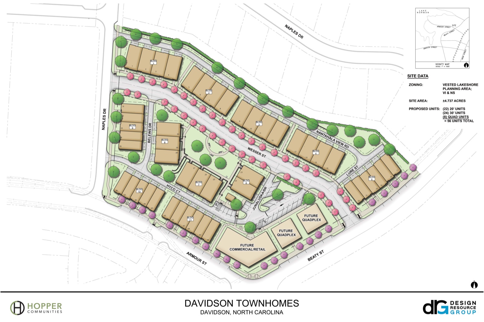 Colored site plan of the Davidson Walk community showing townhome buildings, streets, and landscaping